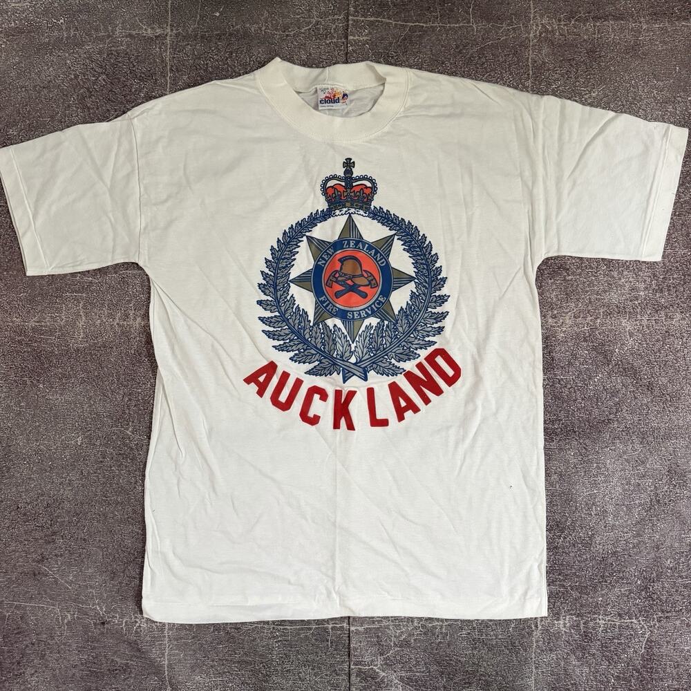 Men's Vintage 80s Cloud Auckland New Zealand Fire Service White T Shirt Tee Sz L